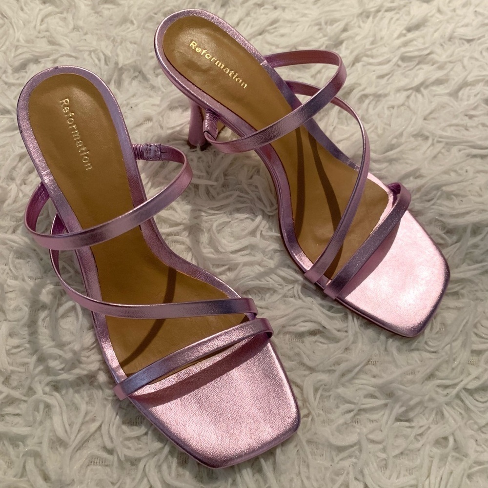 Reformation Miranda Asymmetrical High Heel pink pearl NWT